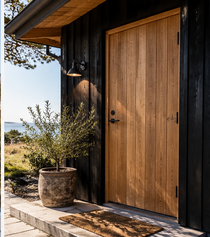 Trædør i sommerhus med mørk træfacade