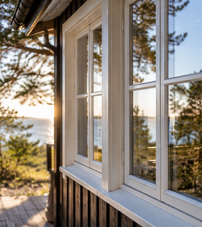 Vinduer i sommerhus med træbeklædning